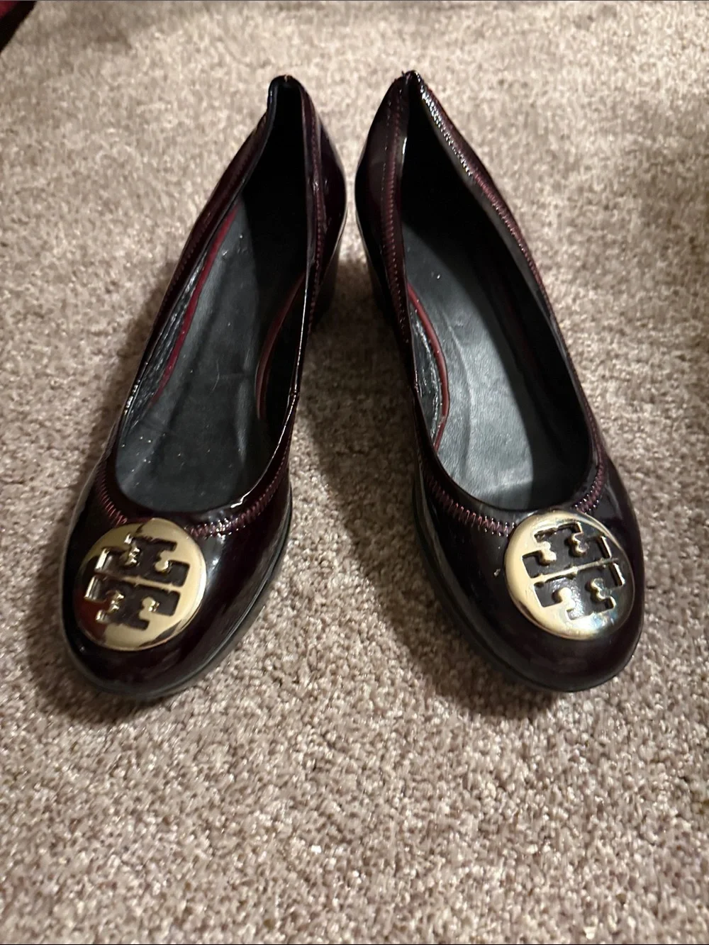 Tory Burch Burgundy Patent Logo Round-Toe Ballet Flats